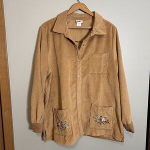 American Sweetheart Women's XL Corduroy Button Up Shirt Tan Embroidered Flowers